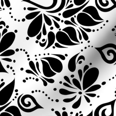 Black on White Organic Leaves Swirls and Dots