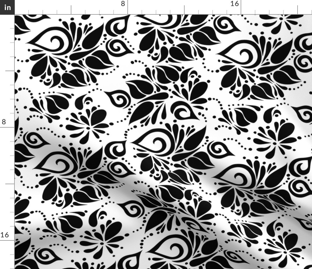 Black on White Organic Leaves Swirls and Dots