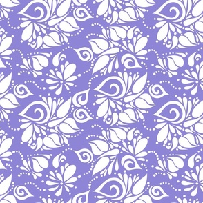 White on Lilac Purple Organic Leaves Swirls and Dots