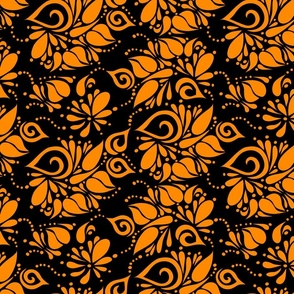 Orange on Black Organic Leaves Swirls and Dots