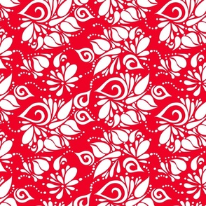 White on Red Organic Leaves Swirls and Dots