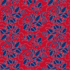Blue and White on Red Organic Leaves Swirls and Dots