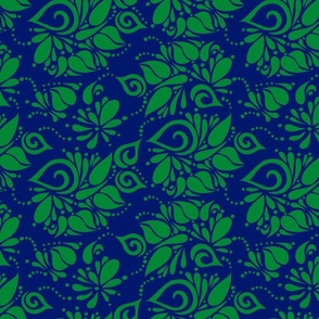 Green on Blue Organic Leaves Swirls and Dots