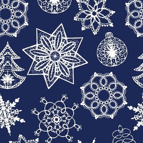 Lace Crochet Christmas Ornaments Winter Navy Blue & White