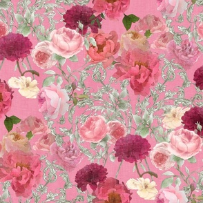 Victorian Garden-on rich pink with white textured overlay (medium scale)
