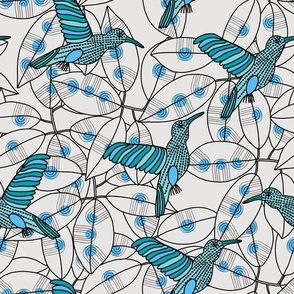 Blue Humming Birds Flying Around Abstract Leaves 