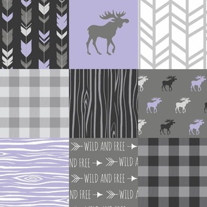 Moose Patchwork Quilt - Lilac and Grey Woodland girl