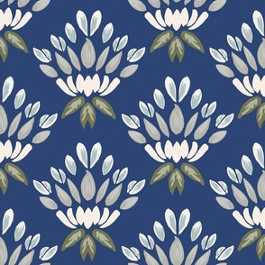 Blooming petals-navy, grey, white and green// big scale 