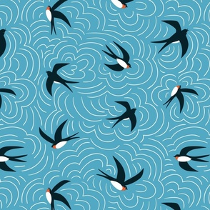 Stylized swallows and clouds