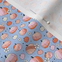 Groovy retro pumpkins and daisies fall blossom in pink blush orange on cornflower blue SMALL