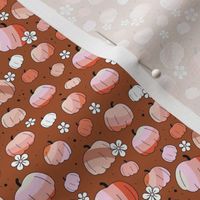Groovy retro pumpkins and daisies fall blossom in pink blush beige on on rust sienna SMALL