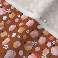Groovy retro pumpkins and daisies fall blossom in pink blush orange on on rust copper SMALL