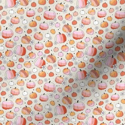 Groovy retro pumpkins and daisies fall blossom in pink blush orange on sand cream SMALL