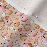 Groovy retro pumpkins and daisies fall blossom in pink blush orange on tan beige SMALL