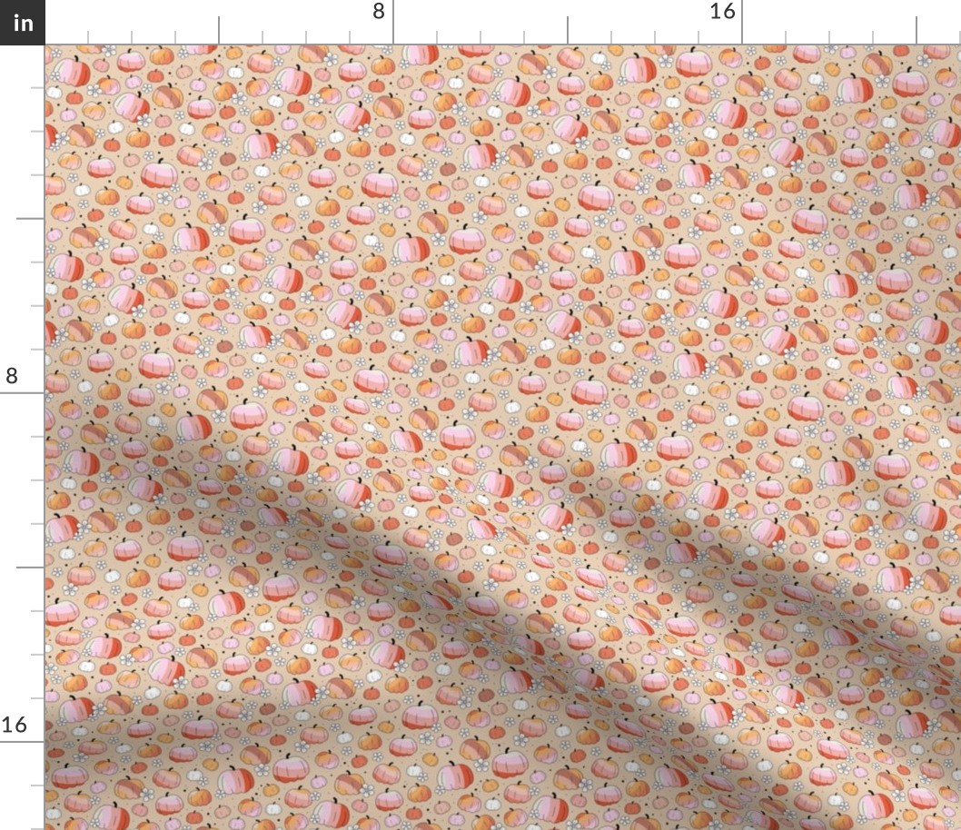 Groovy retro pumpkins and daisies fall blossom in pink blush orange on tan beige SMALL
