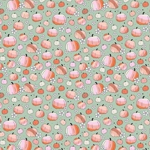 Groovy retro pumpkins and daisies fall blossom in pink blush orange on sage green seventies girls palette