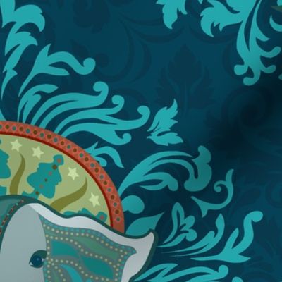 Gray Elephant Damask on Dark Teal - XL