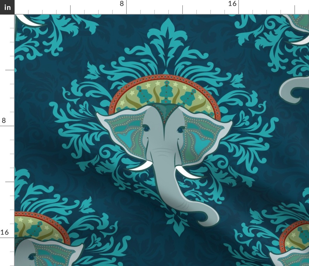 Gray Elephant Damask on Dark Teal - XL