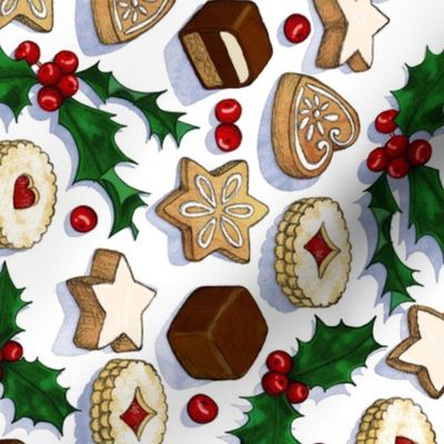 Rotated Traditional Christmas Cookies with Holly Berries large print