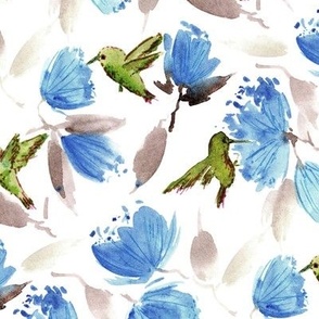 paradise garden in blue and khaki shades - watercolor colibri and flowers - exotic florals and birds a997-6