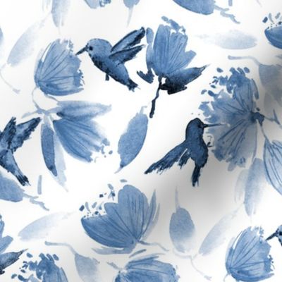 Denim blue paradise garden - watercolor colibri and flowers - exotic florals and birds a997-9