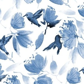 Denim blue paradise garden - watercolor colibri and flowers - exotic florals and birds a997-9