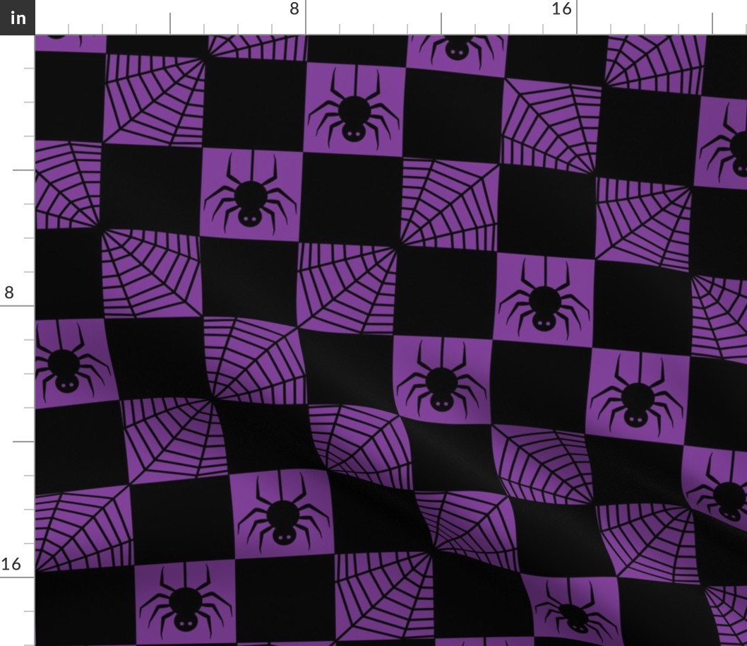Checkered Halloween Spider Web in Purple and Black, Checkerboard with Spiders