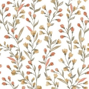 Beige terracotta wild flowers, leaves, buds and branches on white