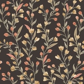 Beige terracotta wild flowers, leaves, buds and branches on dark brown