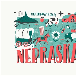 2024 Calendar Nebraska Illustrated Map Tea Towel and Wall Hanging