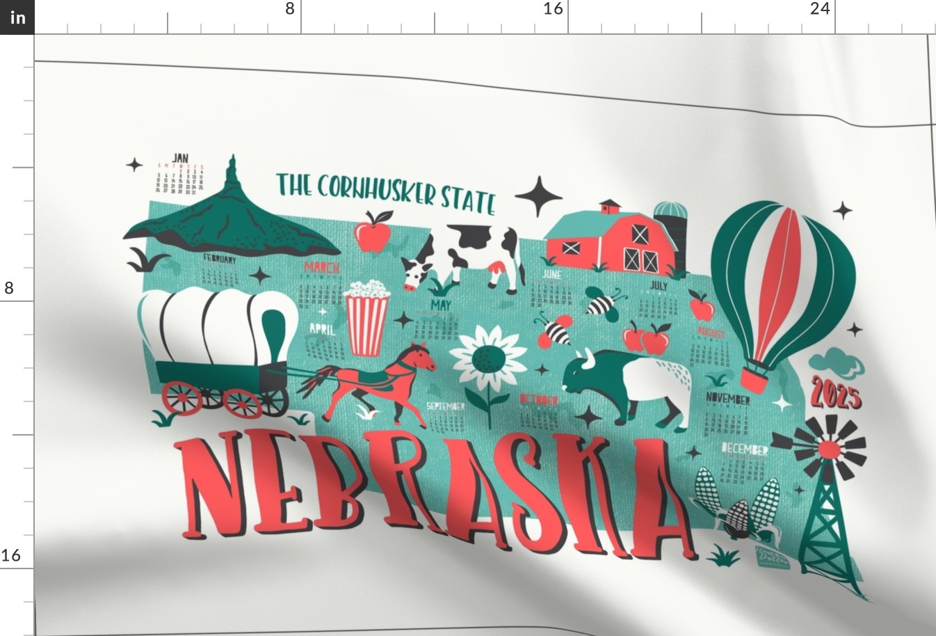 2024 Calendar Nebraska Illustrated Map Tea Towel and Wall Hanging