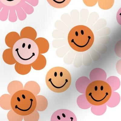 retro smiley faces: sunburst, beach umbrella, pink sparkle, tangy, buff, pink razz