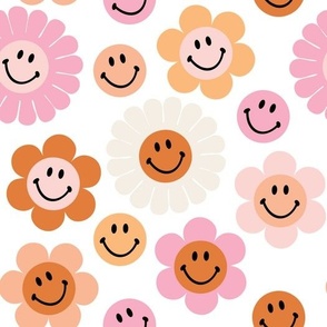 retro smiley faces: sunburst, beach umbrella, pink sparkle, tangy, buff, pink razz