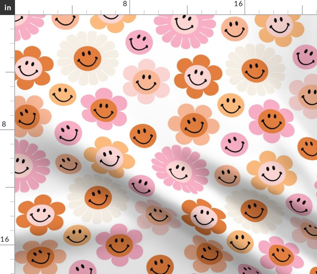 retro smiley faces: sunburst, beach umbrella, pink sparkle, tangy, buff, pink razz