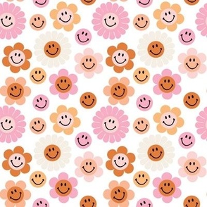 small retro smiley faces: sunburst, beach umbrella, pink sparkle, tangy, buff, pink razz