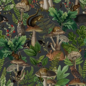 Nostalgic Woodland Animals And Psychadelic Mushroom Kitchen Wallpaper,    Vintage Edible Mushrooms Fabric, Vintage Animal Forest, Antique Greenery, Fall Home Decor,   Woodland Harvest, - linen canvas effect - dark grey