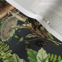 18" Nostalgic Woodland Animals And Psychadelic Mushroom Kitchen Wallpaper, Cabincore   Vintage Edible Mushrooms Fabric, Vintage Animal Forest, Antique Greenery, Fall Home Decor,   Woodland Harvest, - linen canvas effect - dark grey