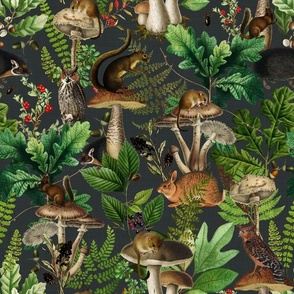 18" Nostalgic Woodland Animals And Psychadelic Mushroom Kitchen Wallpaper, Cabincore   Vintage Edible Mushrooms Fabric, Vintage Animal Forest, Antique Greenery, Fall Home Decor,   Woodland Harvest, - linen canvas effect - dark grey