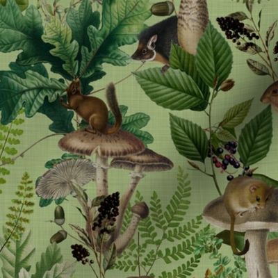  Nostalgic Woodland Animals And Psychadelic Mushroom Kitchen Wallpaper,    Vintage Edible Mushrooms Fabric, Vintage Animal Forest, Antique Greenery, Fall Home Decor,   Woodland Harvest, - linen canvas effect - green