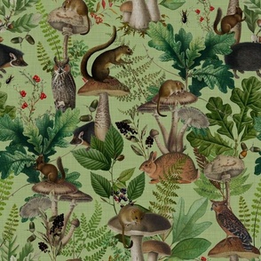  Nostalgic Woodland Animals And Psychadelic Mushroom Kitchen Wallpaper,    Vintage Edible Mushrooms Fabric, Vintage Animal Forest, Antique Greenery, Fall Home Decor,   Woodland Harvest, - linen canvas effect - green