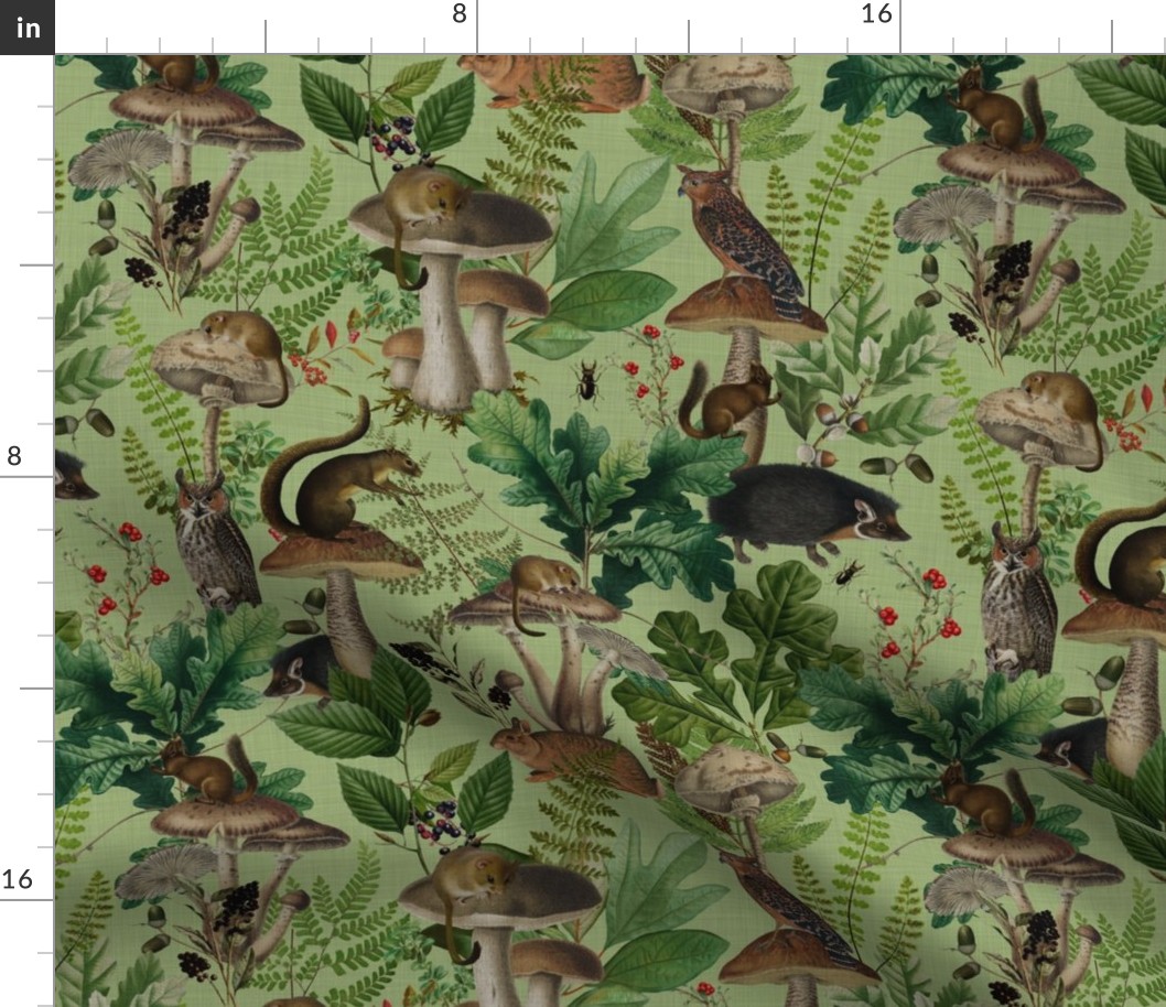  Nostalgic Woodland Animals And Psychadelic Mushroom Kitchen Wallpaper,    Vintage Edible Mushrooms Fabric, Vintage Animal Forest, Antique Greenery, Fall Home Decor,   Woodland Harvest, - linen canvas effect - green