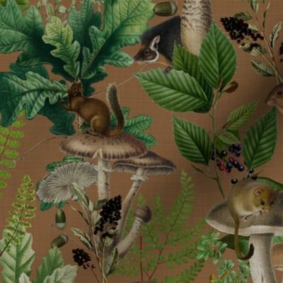 Nostalgic Woodland Animals And Psychadelic Mushroom Kitchen Wallpaper,    Vintage Edible Mushrooms Fabric, Vintage Animal Forest, Antique Greenery, Fall Home Decor,   Woodland Harvest, - linen canvas effect - brown