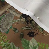 Nostalgic Woodland Animals And Psychadelic Mushroom Kitchen Wallpaper,    Vintage Edible Mushrooms Fabric, Vintage Animal Forest, Antique Greenery, Fall Home Decor,   Woodland Harvest, - linen canvas effect - brown