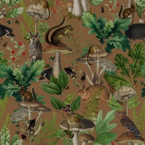 Nostalgic Woodland Animals And Psychadelic Mushroom Kitchen Wallpaper,    Vintage Edible Mushrooms Fabric, Vintage Animal Forest, Antique Greenery, Fall Home Decor,   Woodland Harvest, - linen canvas effect - brown