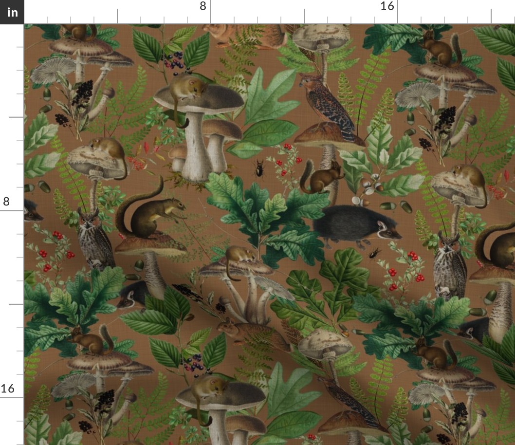 Nostalgic Woodland Animals And Psychadelic Mushroom Kitchen Wallpaper,    Vintage Edible Mushrooms Fabric, Vintage Animal Forest, Antique Greenery, Fall Home Decor,   Woodland Harvest, - linen canvas effect - brown