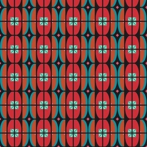 Small Japanese stripes, Red, blue and orange on a black background