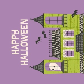 Halloween Haunted House Tea Towel - (Green on Purple)