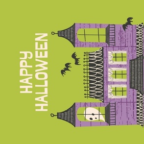 Halloween Haunted House Tea Towel - (Purple on Green)