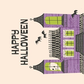 Halloween Haunted House Tea Towel - (Purple on Ivory)