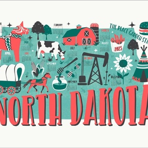 2024 Calendar North Dakota Illustrated Map Tea Towel and Wall Hanging